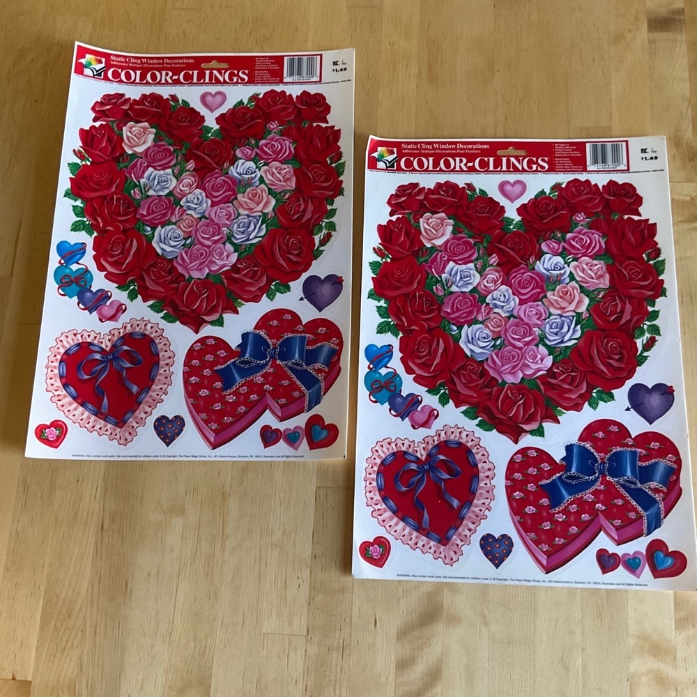 Vintage Paper Magic Group Valentines Day Window Clings Rose Heart Set 2 Sheets